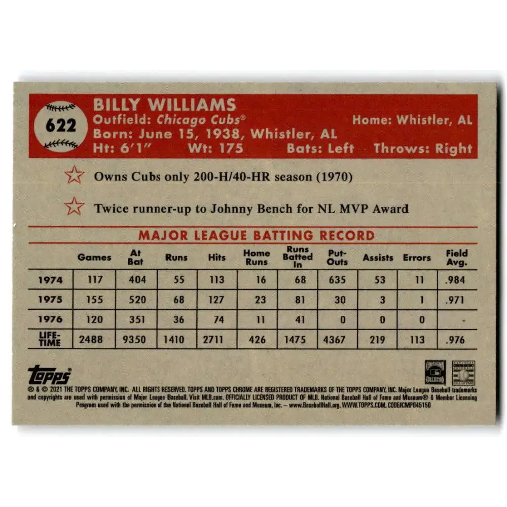 2021 Topps Chrome Platinum Anniversary #622 Billy Williams NM-MT Chicago Cubs Baseball Card - Baseball Card Single