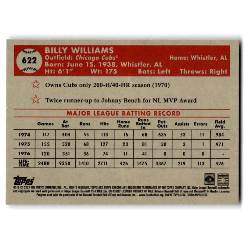 2021 Topps Chrome Platinum Anniversary #622 Billy Williams NM-MT Chicago Cubs Baseball Card - Baseball Card Single