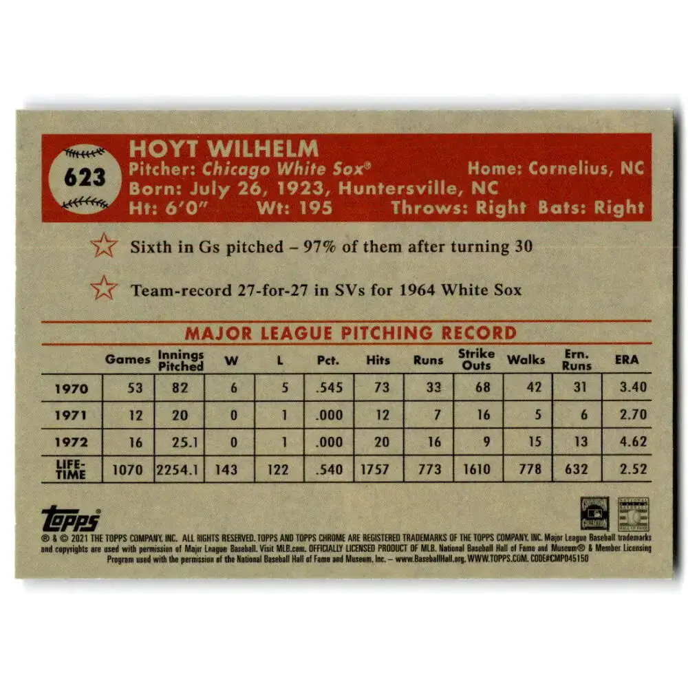 2021 Topps Chrome Platinum Anniversary #623 Hoyt Wilhelm NM-MT Chicago White Sox Baseball Card - Baseball Card Single