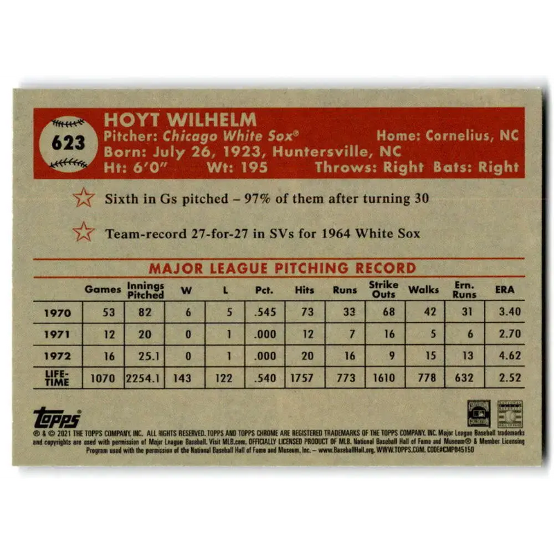 2021 Topps Chrome Platinum Anniversary #623 Hoyt Wilhelm NM-MT Chicago White Sox Baseball Card - Baseball Card Single