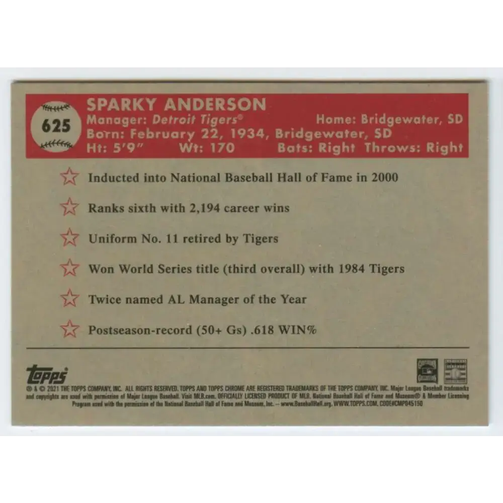 2021 Topps Chrome Platinum Anniversary #625 Sparky Anderson NM-MT Detroit Tigers Baseball Card - Baseball Card Single