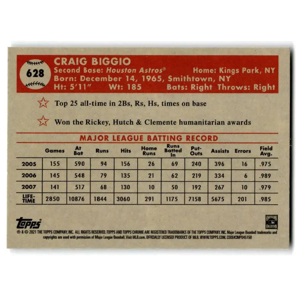 2021 Topps Chrome Platinum Anniversary #628 Craig Biggio NM-MT Houston Astros Baseball Card - Baseball Card Single