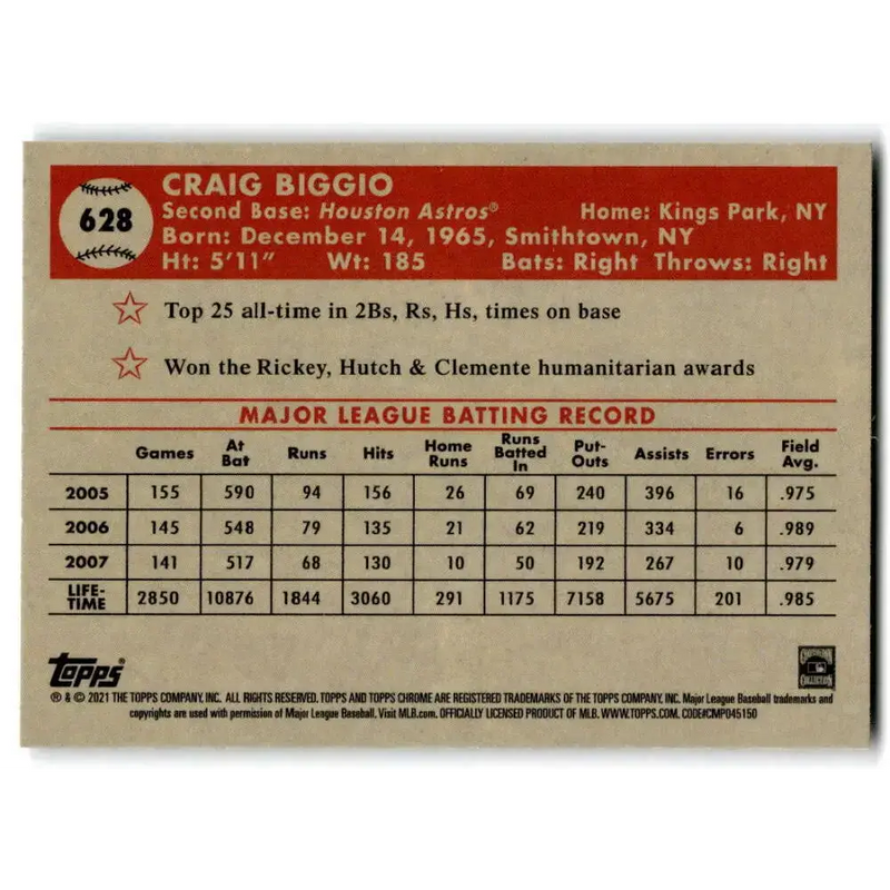 2021 Topps Chrome Platinum Anniversary #628 Craig Biggio NM-MT Houston Astros Baseball Card - Baseball Card Single