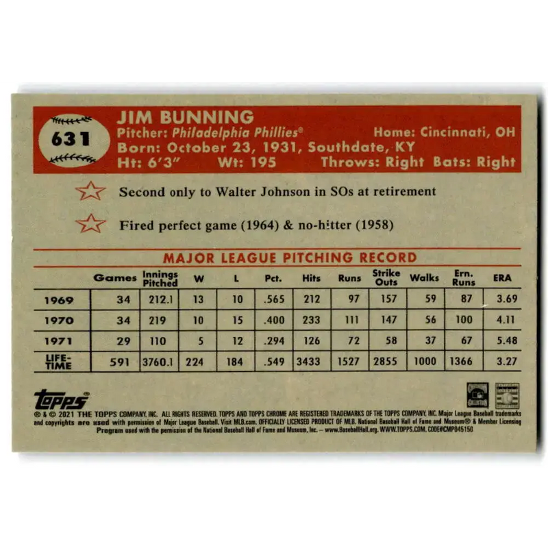 2021 Topps Chrome Platinum Anniversary #631 Jim Bunning NM-MT Philadelphia Phillies Baseball Card - Baseball Card Single
