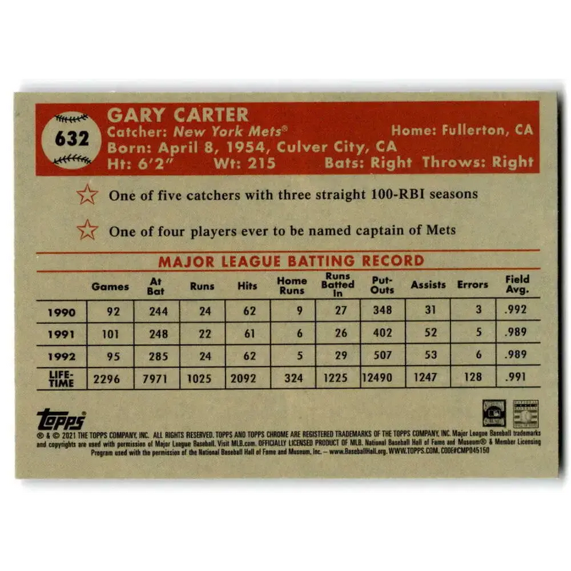 2021 Topps Chrome Platinum Anniversary #632 Gary Carter NM-MT New York Mets Baseball Card - Baseball Card Single