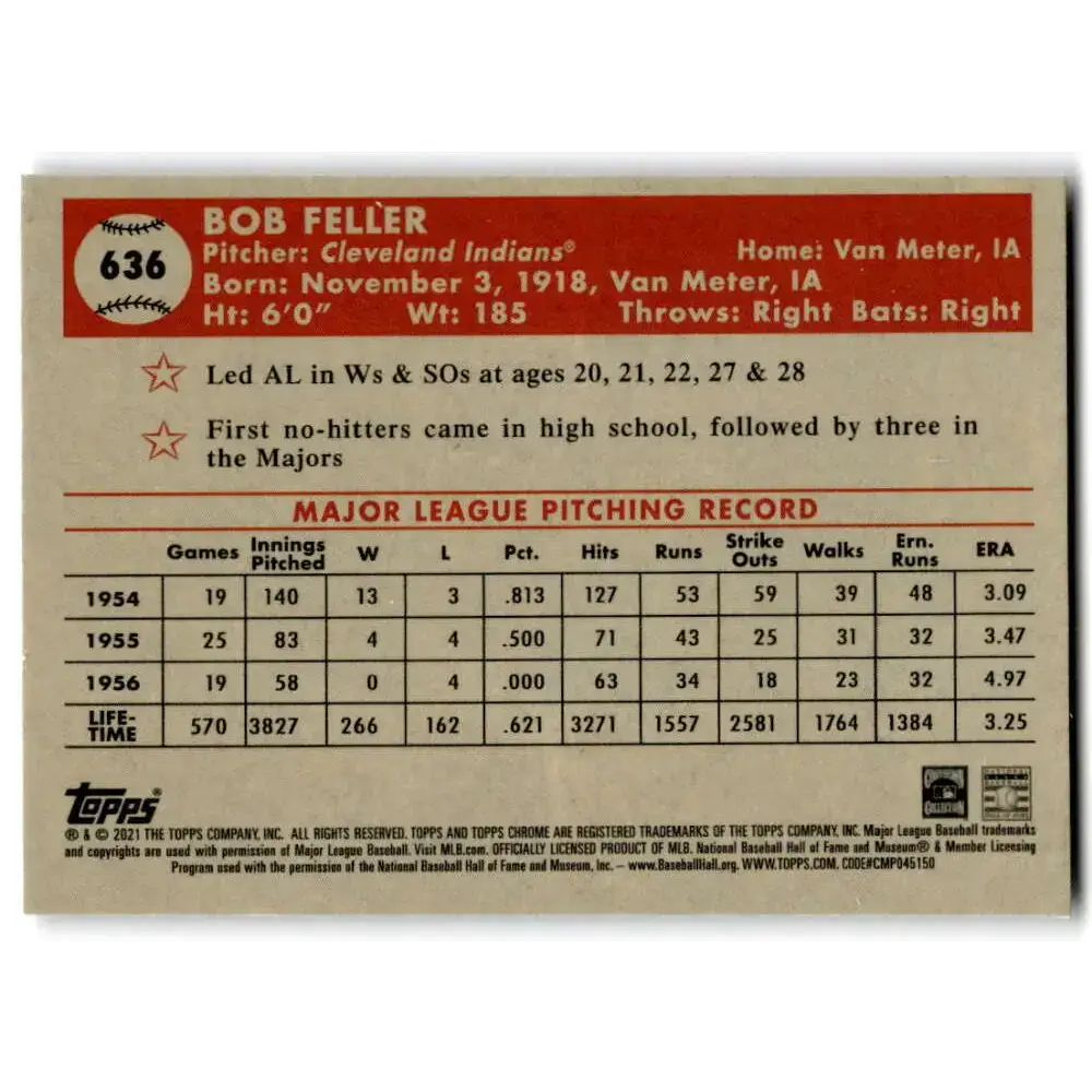 2021 Topps Chrome Platinum Anniversary #636 Bob Feller NM-MT Cleveland Indians Baseball Card - Baseball Card Single