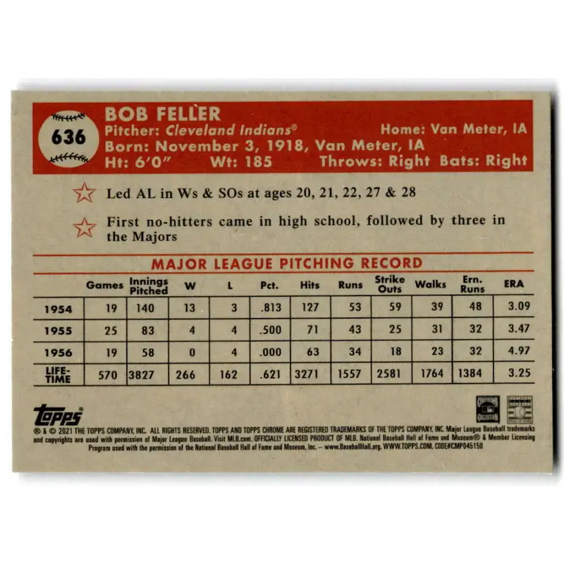 2021 Topps Chrome Platinum Anniversary #636 Bob Feller NM-MT Cleveland Indians Baseball Card - Baseball Card Single