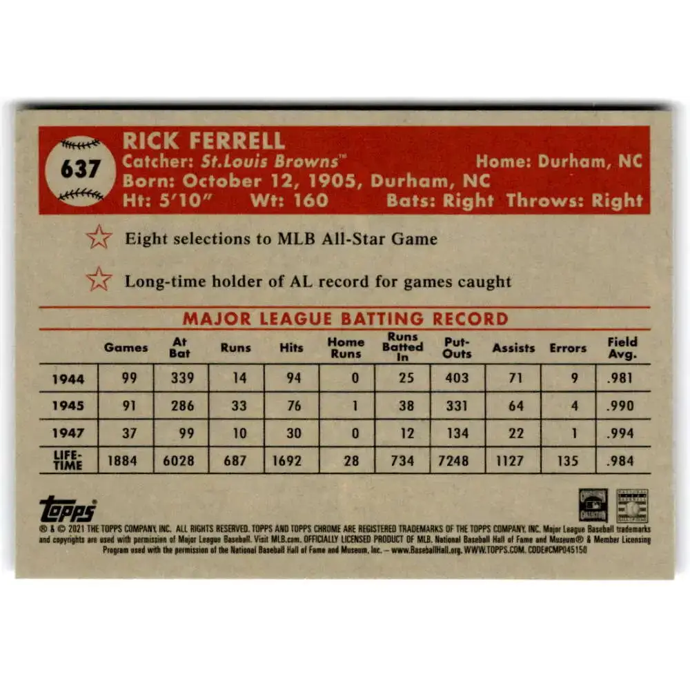 2021 Topps Chrome Platinum Anniversary #637 Rick Ferrell NM-MT St.Louis Browns Baseball Card - Baseball Card Single