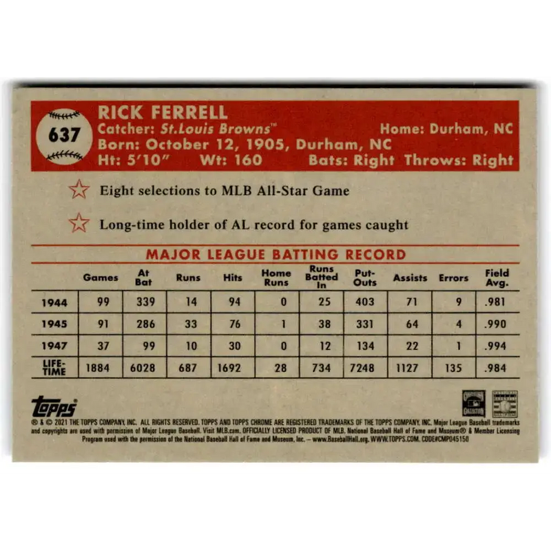 2021 Topps Chrome Platinum Anniversary #637 Rick Ferrell NM-MT St.Louis Browns Baseball Card - Baseball Card Single