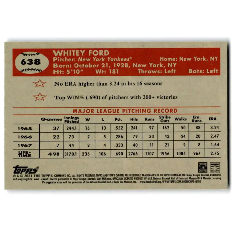 2021 Topps Chrome Platinum Anniversary #638 Whitey Ford NM-MT New York Yankees Baseball Card - Baseball Card Single