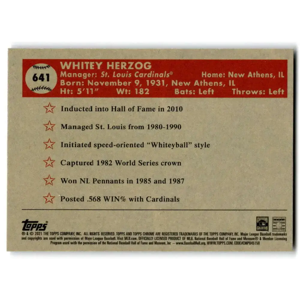 2021 Topps Chrome Platinum Anniversary #641 Whitey Herzog NM-MT St. Louis Cardinals Baseball Card - Baseball Card Single