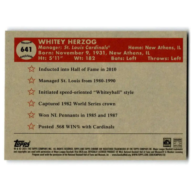 2021 Topps Chrome Platinum Anniversary #641 Whitey Herzog NM-MT St. Louis Cardinals Baseball Card - Baseball Card Single