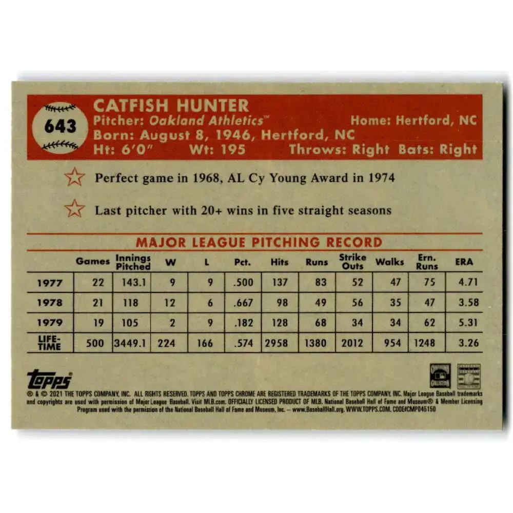 2021 Topps Chrome Platinum Anniversary #643 Catfish Hunter NM-MT Oakland Athletics Baseball Card - Baseball Card Single