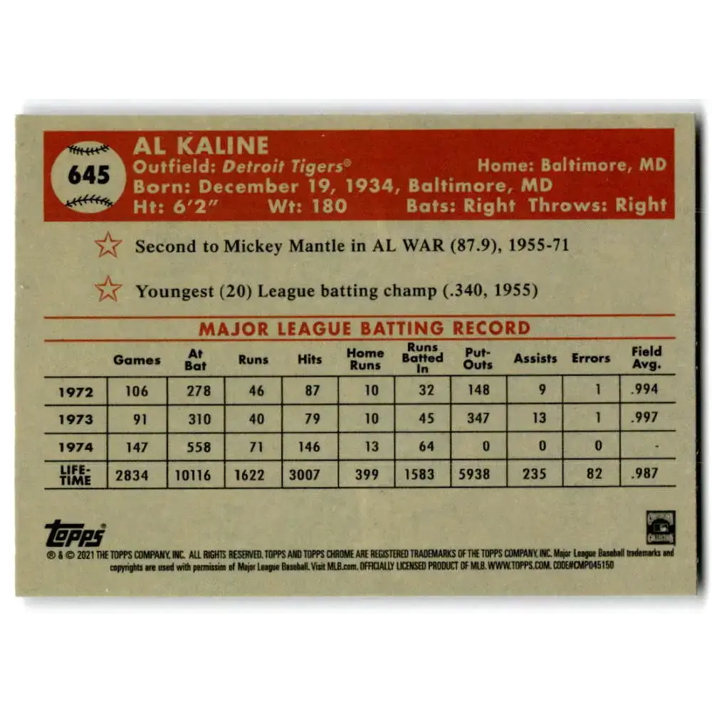 2021 Topps Chrome Platinum Anniversary #645 Al Kaline NM-MT Detroit Tigers Baseball Card - Baseball Card Single