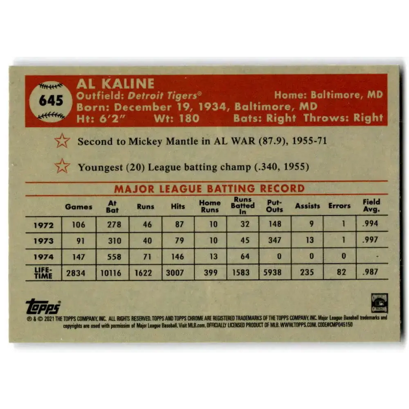 2021 Topps Chrome Platinum Anniversary #645 Al Kaline NM-MT Detroit Tigers Baseball Card - Baseball Card Single