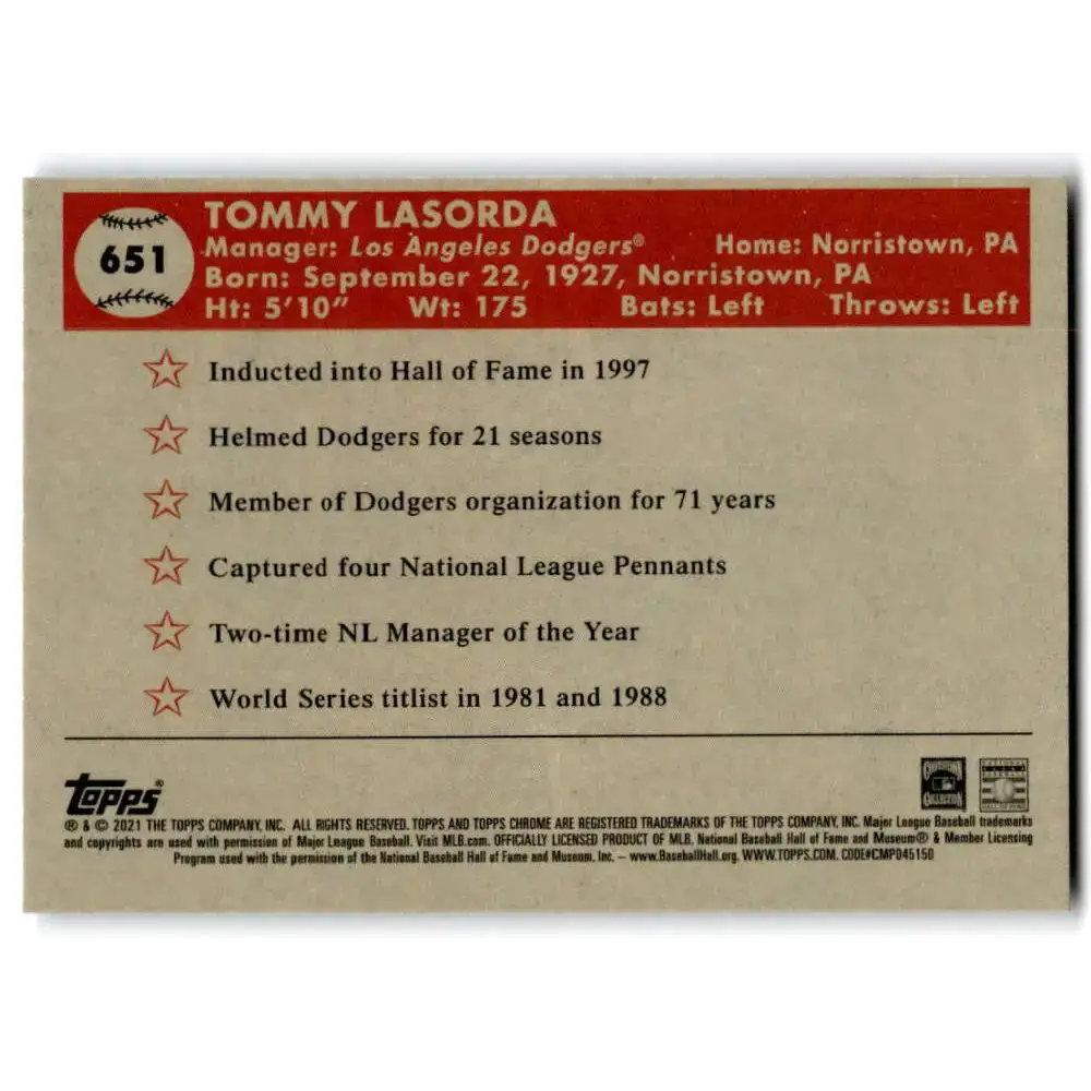 2021 Topps Chrome Platinum Anniversary #651 Tommy Lasorda NM-MT Los Angeles Dodgers Baseball Card - Baseball Card Single