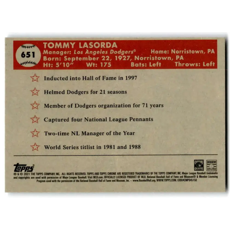 2021 Topps Chrome Platinum Anniversary #651 Tommy Lasorda NM-MT Los Angeles Dodgers Baseball Card - Baseball Card Single
