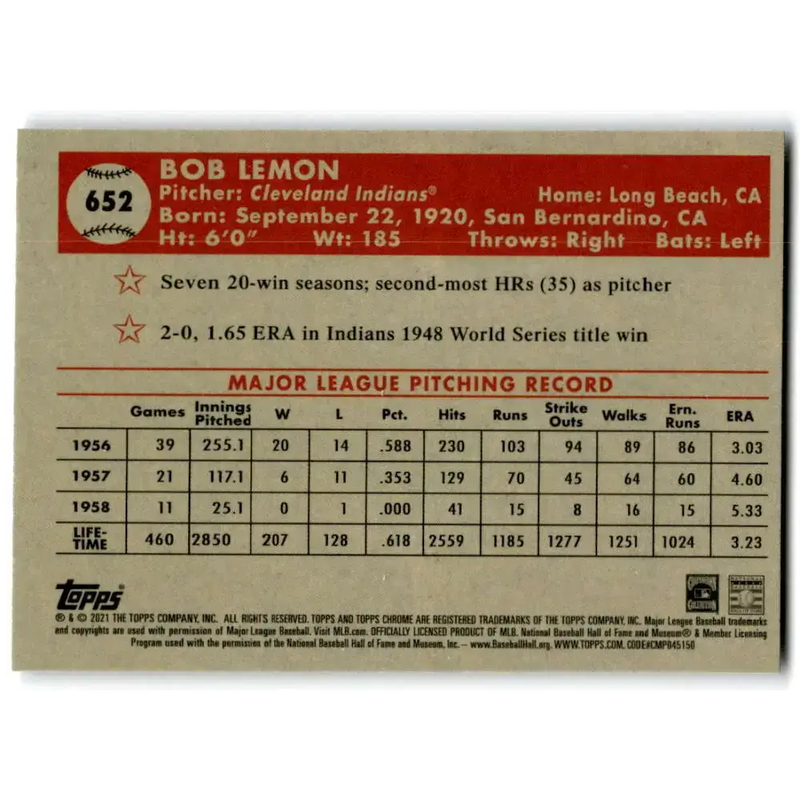 2021 Topps Chrome Platinum Anniversary #652 Bob Lemon NM-MT Cleveland Indians Baseball Card - Baseball Card Single