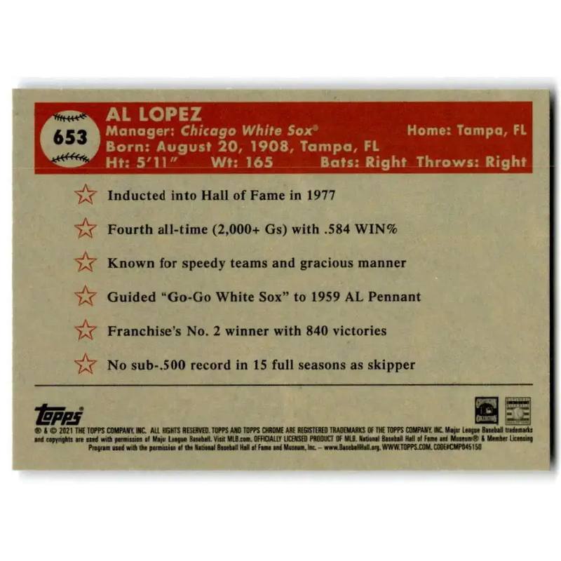 2021 Topps Chrome Platinum Anniversary #653 Al Lopez NM-MT Chicago White Sox Baseball Card - Baseball Card Single