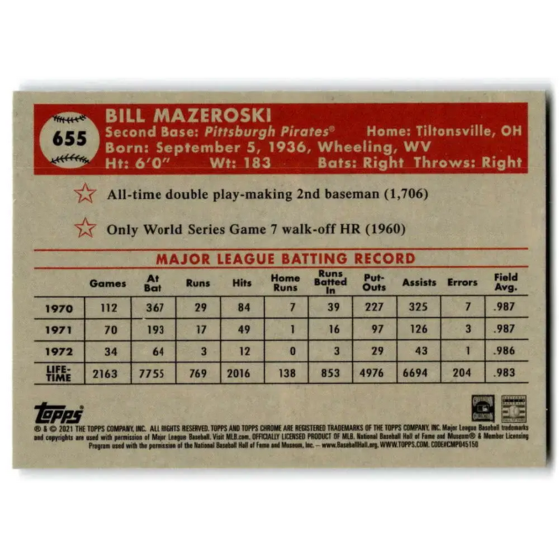 2021 Topps Chrome Platinum Anniversary #655 Bill Mazeroski NM-MT Pittsburgh Pirates Baseball Card - Baseball Card Single