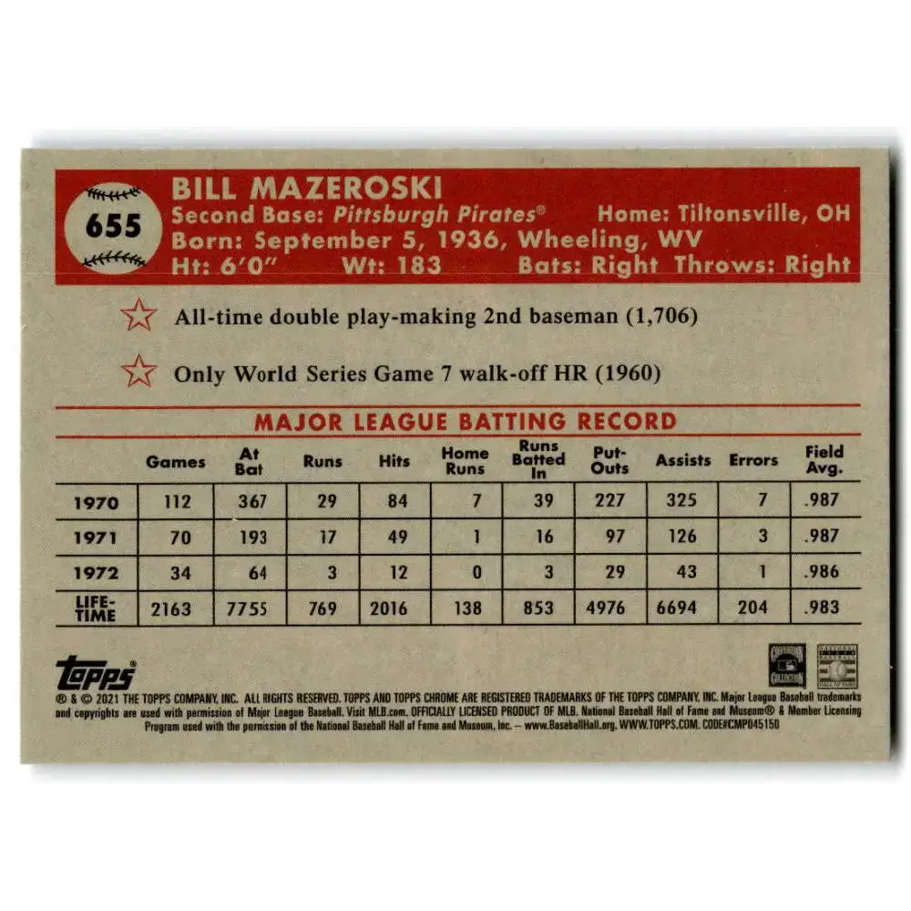 2021 Topps Chrome Platinum Anniversary #655 Bill Mazeroski NM-MT Pittsburgh Pirates Baseball Card - Baseball Card Single