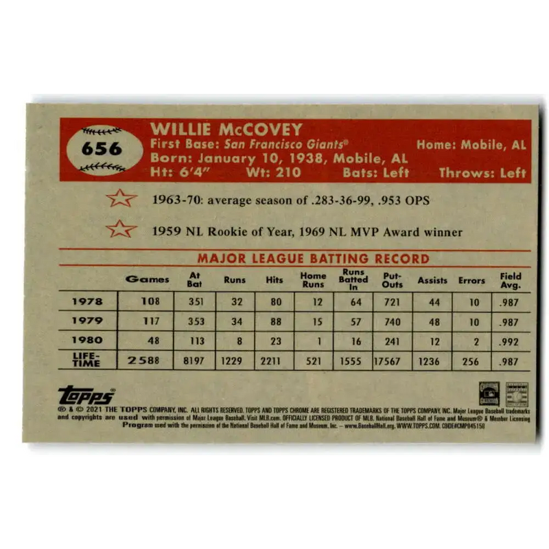 2021 Topps Chrome Platinum Anniversary #656 Willie McCovey NM-MT San Francisco Giants Baseball Card - Baseball Card