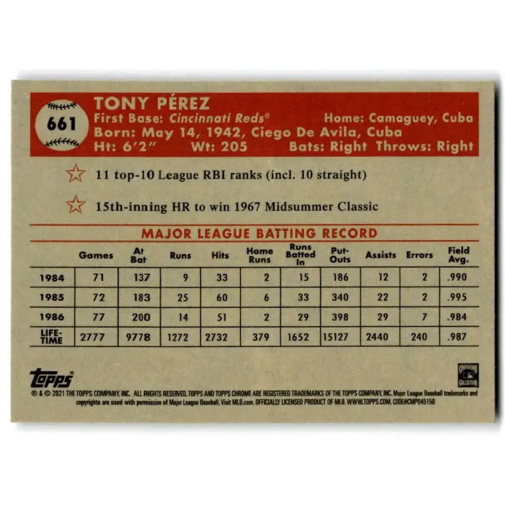 2021 Topps Chrome Platinum Anniversary #661 Tony Perez NM-MT Cincinnati Reds Baseball Card - Baseball Card Single