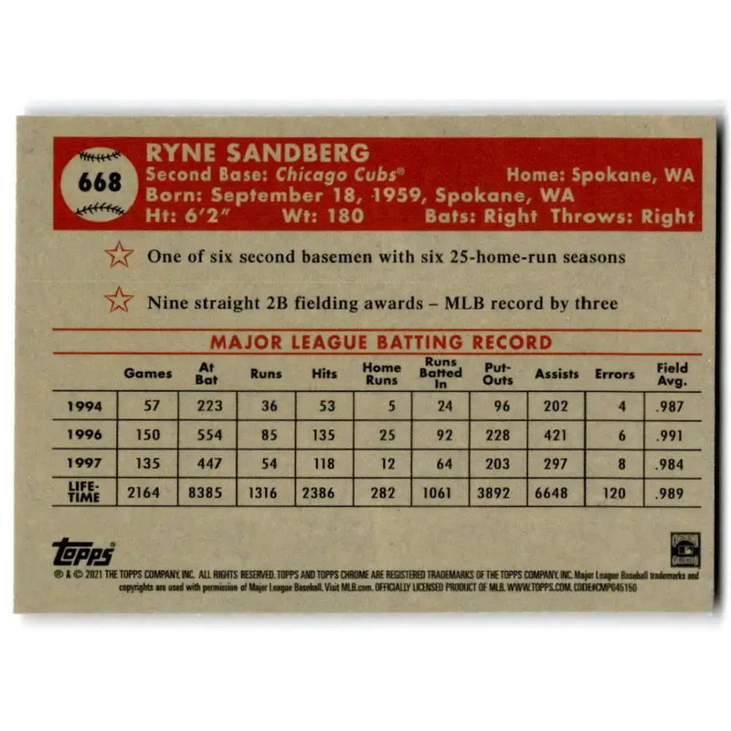 2021 Topps Chrome Platinum Anniversary #668 Ryne Sandberg NM-MT Chicago Cubs Baseball Card - Baseball Card Single