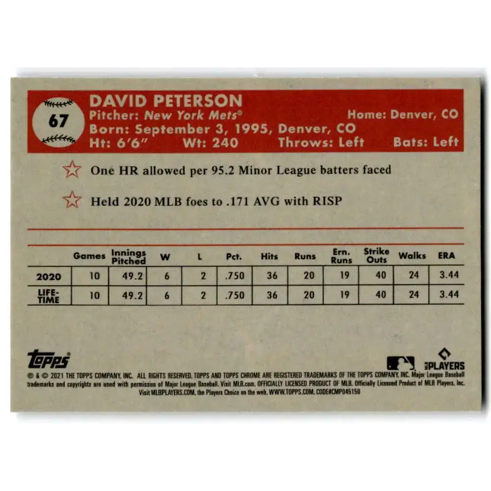 2021 Topps Chrome Platinum Anniversary #67 David Peterson NM-MT RC Rookie New York Mets Baseball Card - Baseball Card