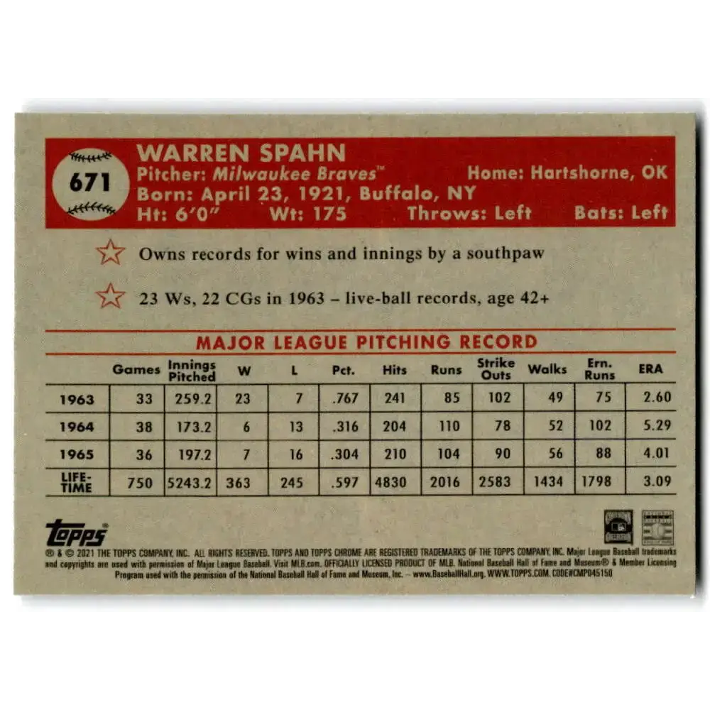 2021 Topps Chrome Platinum Anniversary #671 Warren Spahn NM-MT Milwaukee Braves Baseball Card - Baseball Card Single