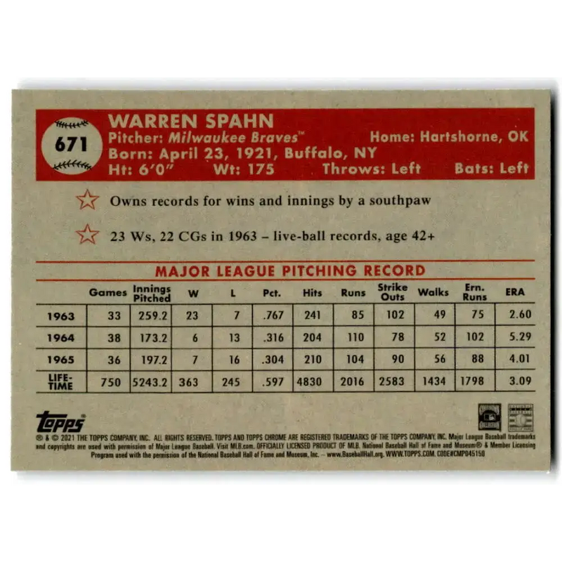 2021 Topps Chrome Platinum Anniversary #671 Warren Spahn NM-MT Milwaukee Braves Baseball Card - Baseball Card Single