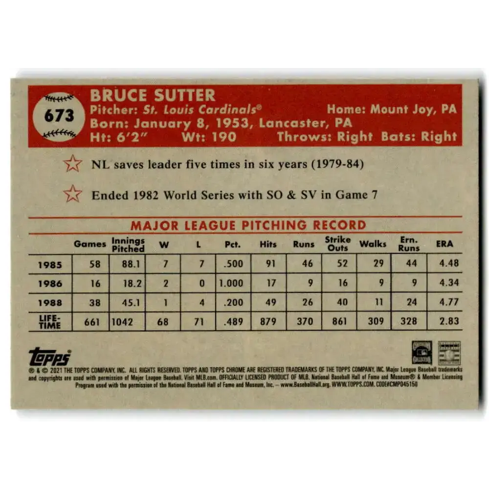 2021 Topps Chrome Platinum Anniversary #673 Bruce Sutter NM-MT St. Louis Cardinals Baseball Card - Baseball Card Single