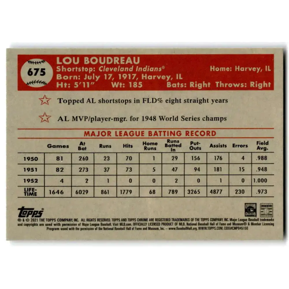 2021 Topps Chrome Platinum Anniversary #675 Lou Boudreau NM-MT Cleveland Indians Baseball Card - Baseball Card Single