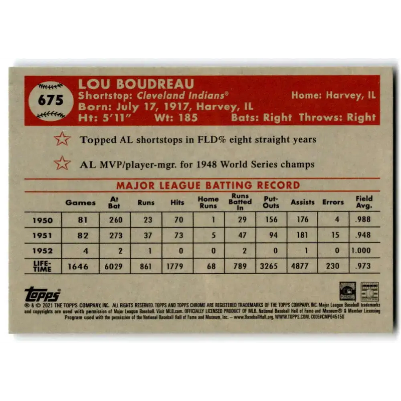 2021 Topps Chrome Platinum Anniversary #675 Lou Boudreau NM-MT Cleveland Indians Baseball Card - Baseball Card Single