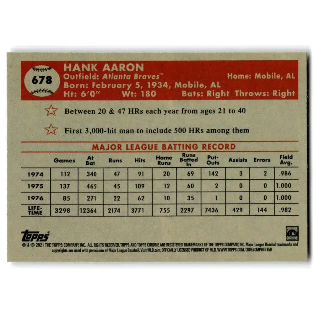 2021 Topps Chrome Platinum Anniversary #678 Hank Aaron NM-MT Atlanta Braves Baseball Card - Baseball Card Single