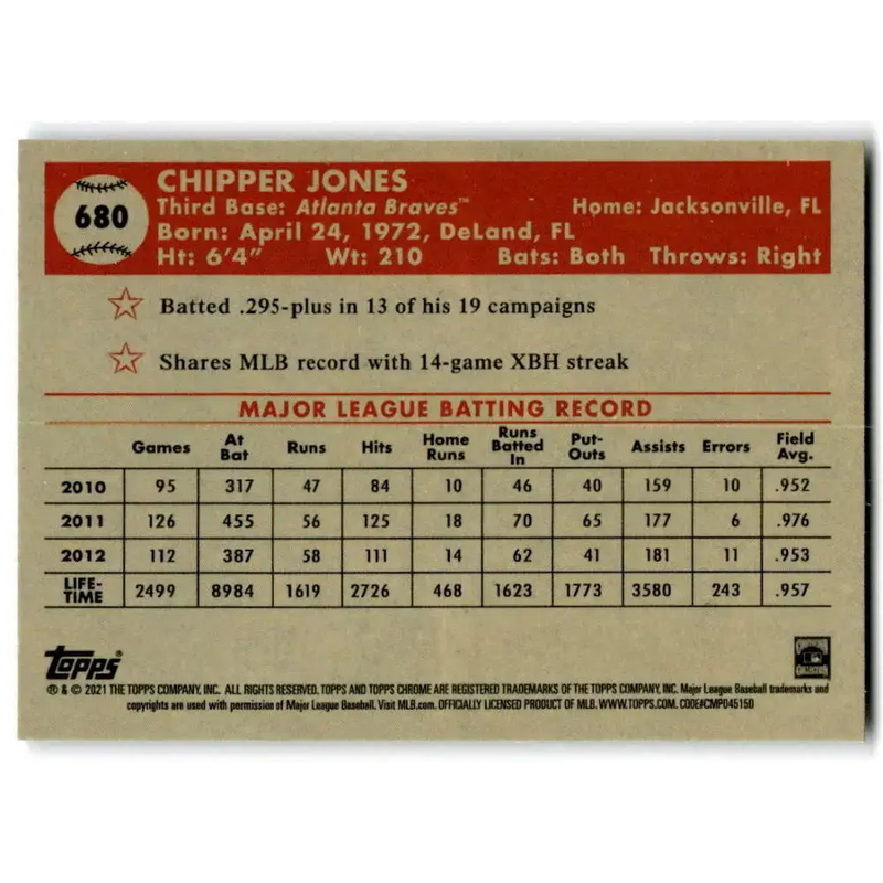 2021 Topps Chrome Platinum Anniversary #680 Chipper Jones NM-MT Atlanta Braves Baseball Card - Baseball Card Single