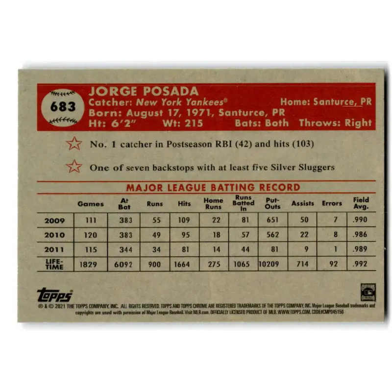 2021 Topps Chrome Platinum Anniversary #683 Jorge Posada NM-MT New York Yankees Baseball Card - Baseball Card Single