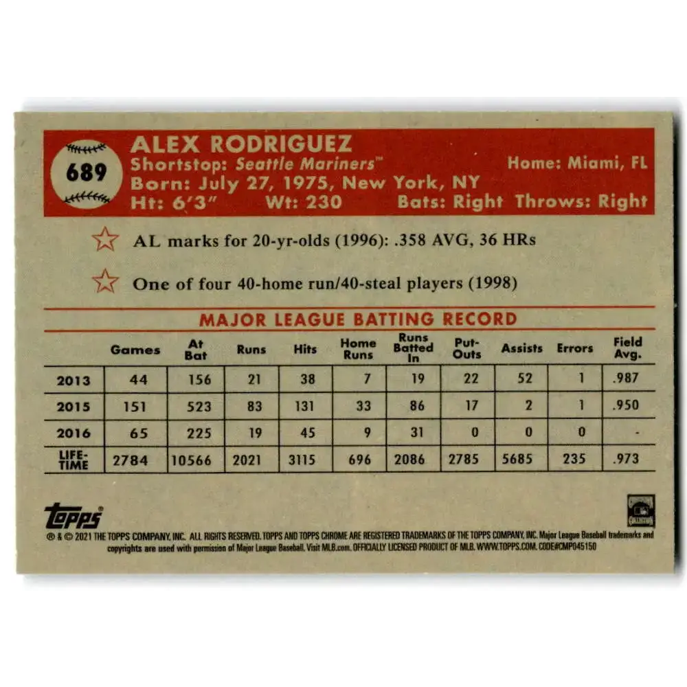 2021 Topps Chrome Platinum Anniversary #689 Alex Rodriguez NM-MT Seattle Mariners Baseball Card - Baseball Card Single
