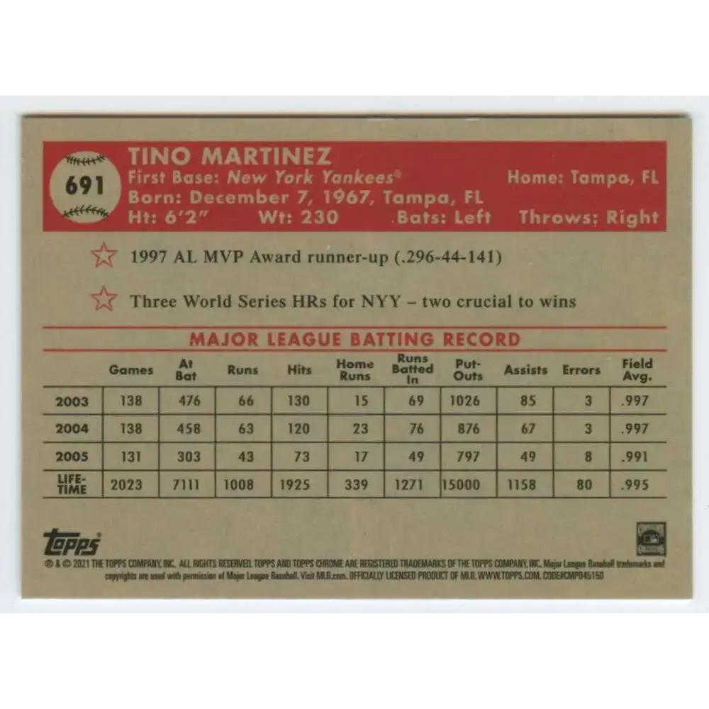 2021 Topps Chrome Platinum Anniversary #691 Tino Martinez NM-MT New York Yankees Baseball Card - Baseball Card Single