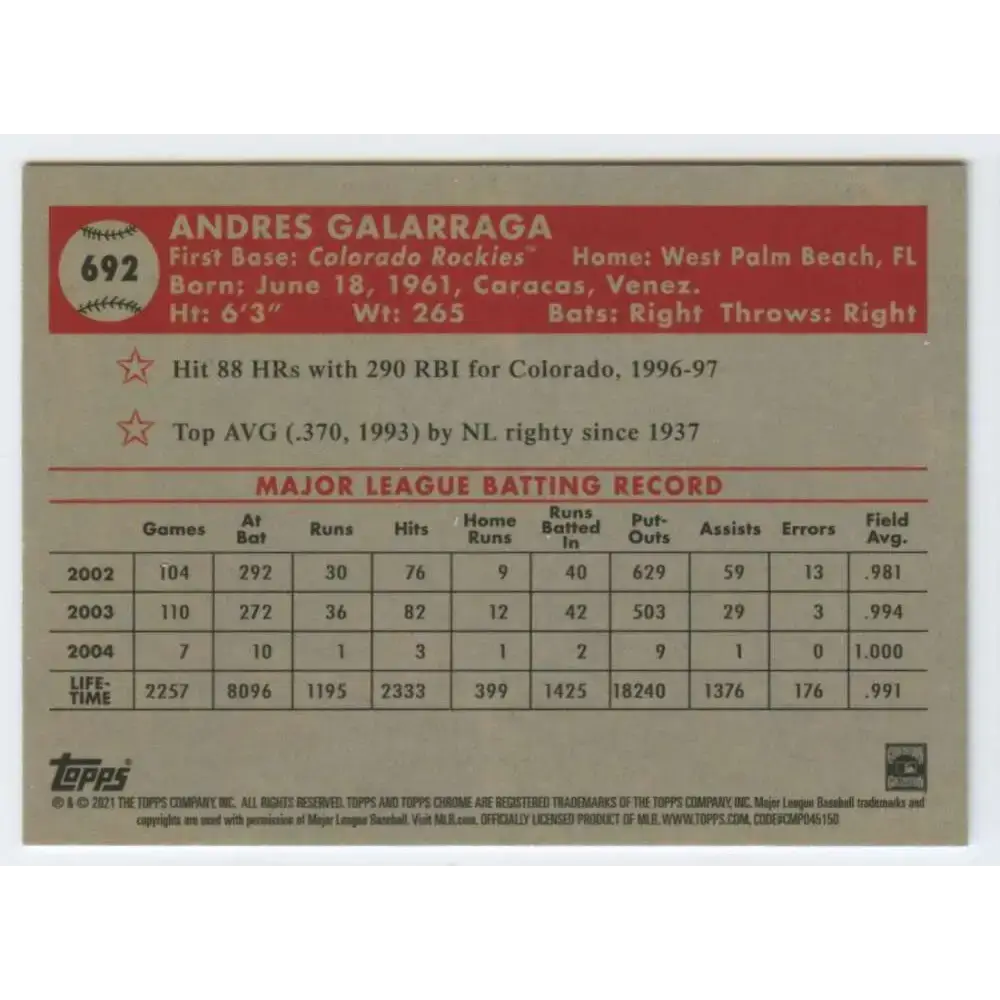 2021 Topps Chrome Platinum Anniversary #692 Andres Galarraga NM-MT Colorado Rockies Baseball Card - Baseball Card Single