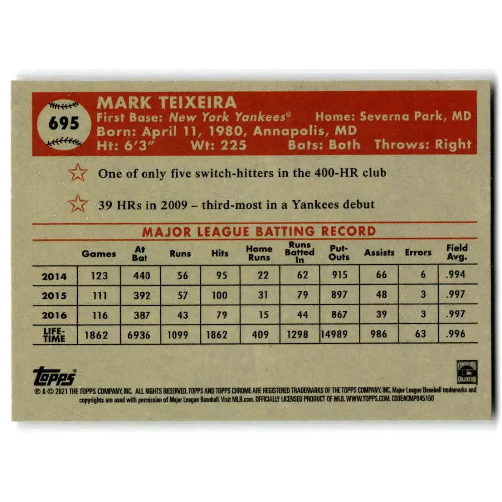 2021 Topps Chrome Platinum Anniversary #695 Mark Teixeira NM-MT New York Yankees Baseball Card - Baseball Card Single