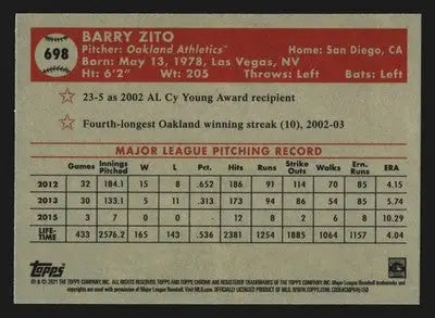 2021 Topps Chrome Platinum Anniversary #698 Barry Zito Athletics - Baseball Card Single