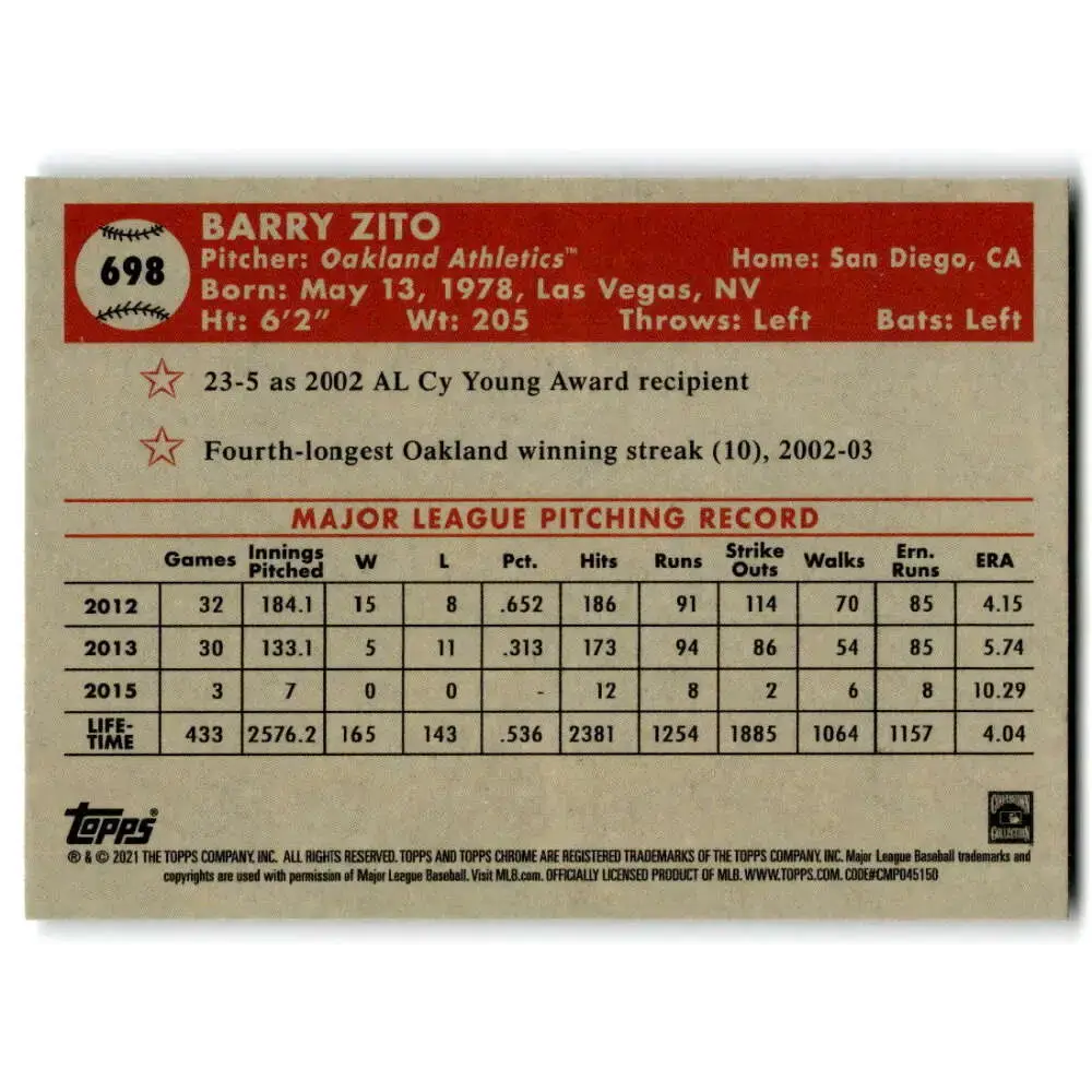2021 Topps Chrome Platinum Anniversary #698 Barry Zito NM-MT Oakland Athletics Baseball Card - Baseball Card Single