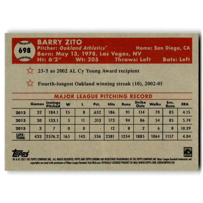 2021 Topps Chrome Platinum Anniversary #698 Barry Zito NM-MT Oakland Athletics Baseball Card - Baseball Card Single