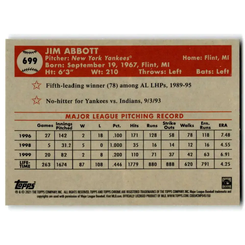 2021 Topps Chrome Platinum Anniversary #699 Jim Abbott NM-MT New York Yankees Baseball Card - Baseball Card Single
