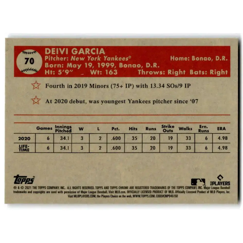 2021 Topps Chrome Platinum Anniversary #70 Deivi Garcia NM-MT RC Rookie New York Yankees Baseball Card - Baseball Card