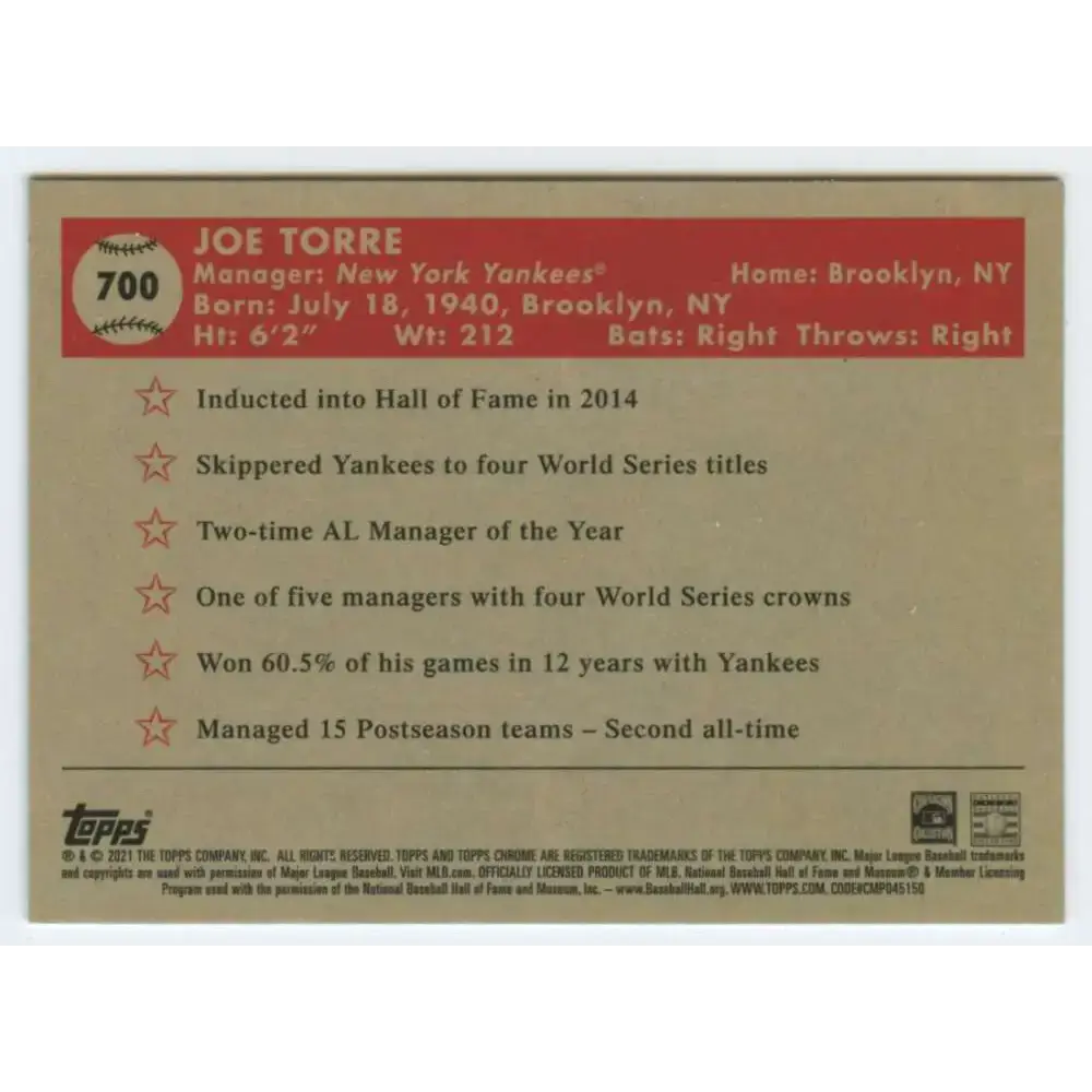 2021 Topps Chrome Platinum Anniversary #700 Joe Torre NM-MT New York Yankees Baseball Card - Baseball Card Single