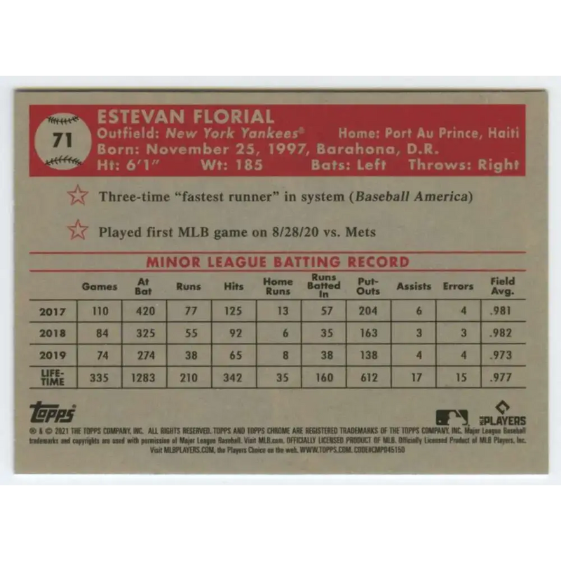 2021 Topps Chrome Platinum Anniversary #71 Estevan Florial NM-MT RC Rookie New York Yankees Baseball Card - Baseball