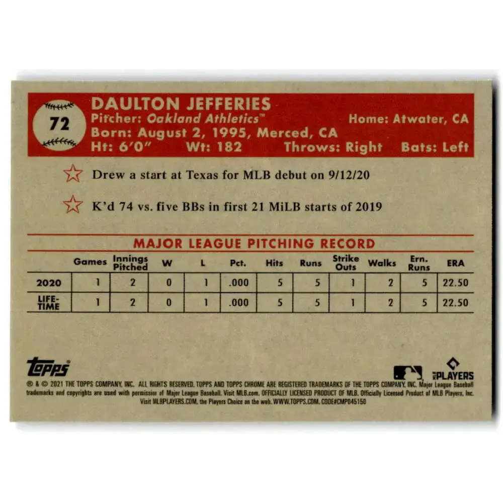 2021 Topps Chrome Platinum Anniversary #72 Daulton Jefferies NM-MT RC Rookie Oakland Athletics Baseball Card - Baseball