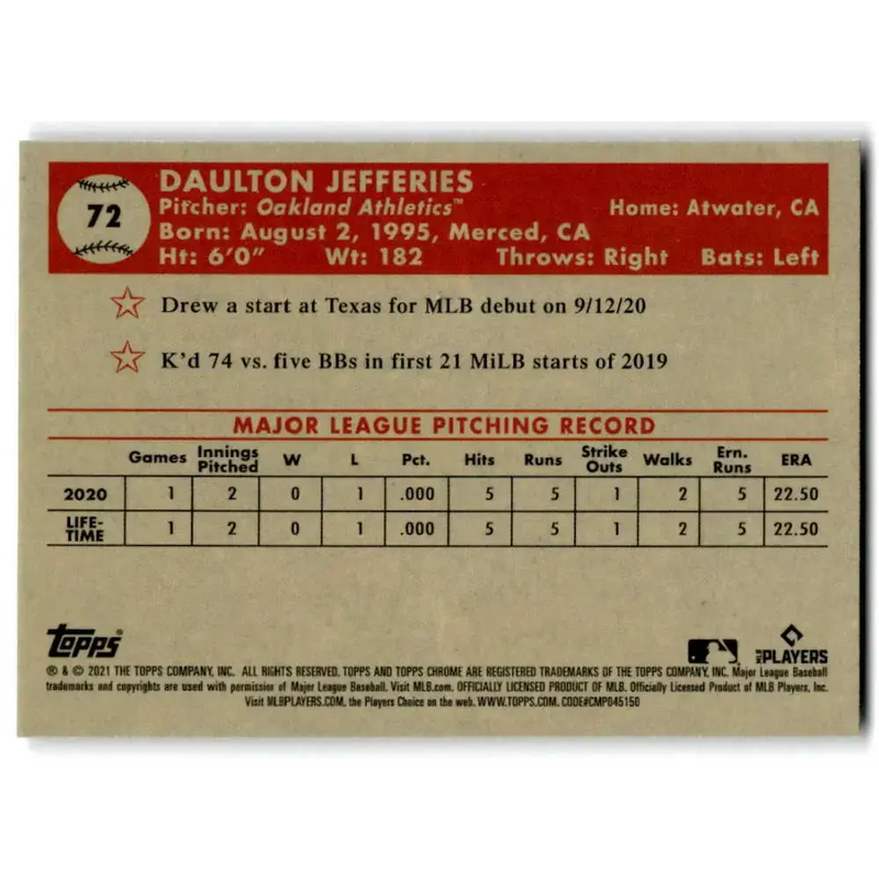 2021 Topps Chrome Platinum Anniversary #72 Daulton Jefferies NM-MT RC Rookie Oakland Athletics Baseball Card - Baseball